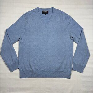 Express Italian 100% Merino Wool Light Blue V-Neck Long Sleeve Sweater Mens XL